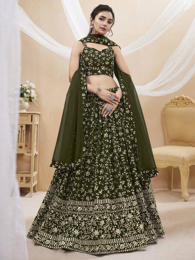 Bewitching Green Embroidered Georgette Mehendi Wear Lehenga Choli
